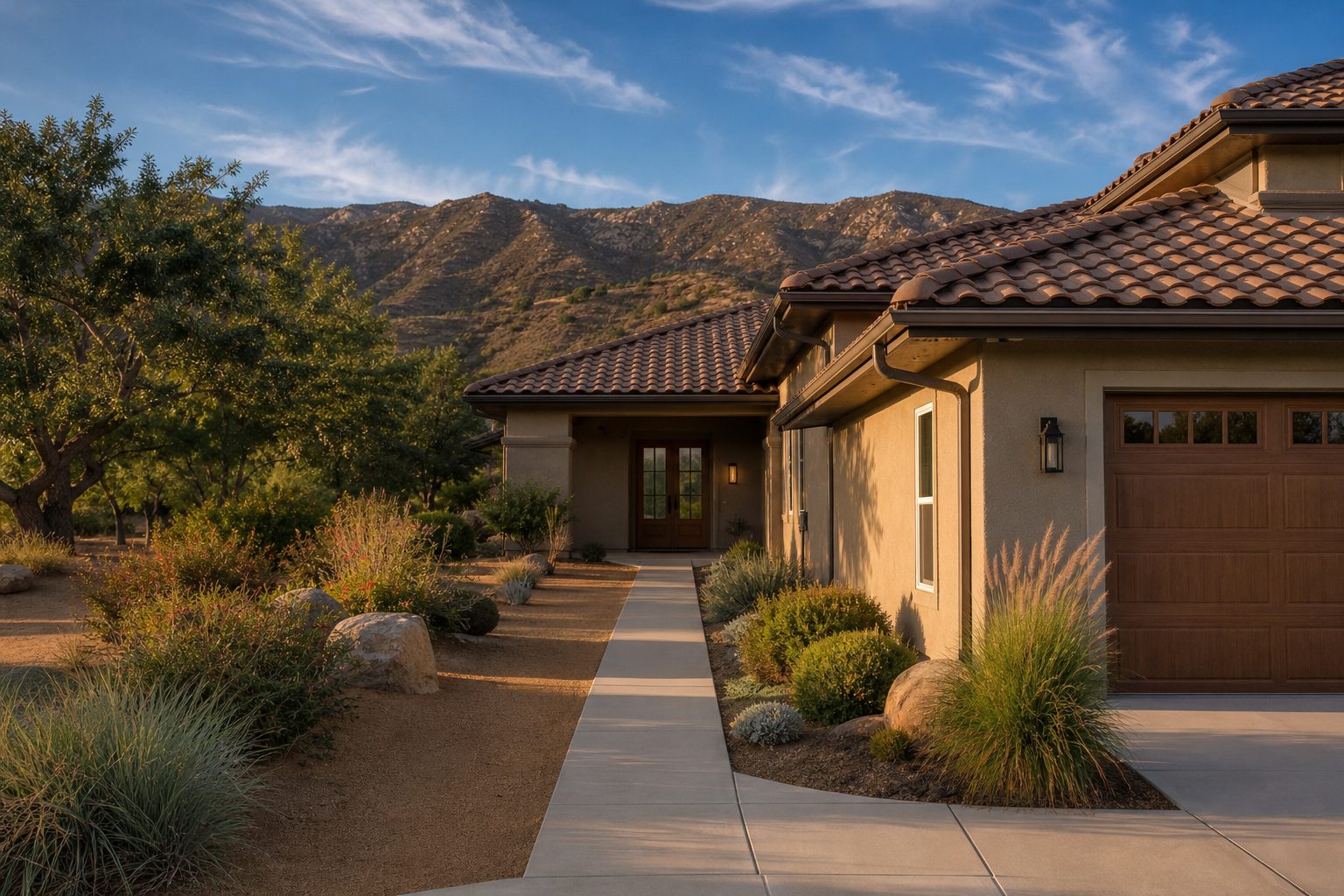 Well-maintained Alta Loma home with cleared defensible space, fire-resistant roofing, and pruned trees against San Gabriel Mountain backdrop.