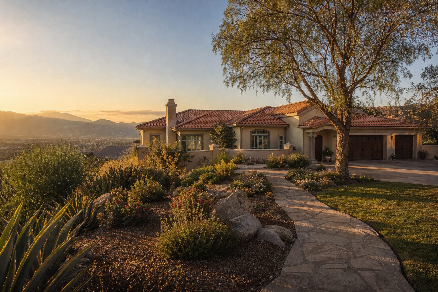 Cream stucco Mediterranean home with tile roof and mature pepper tree in Alta Loma, Rancho Cucamonga, shot during golden hour.