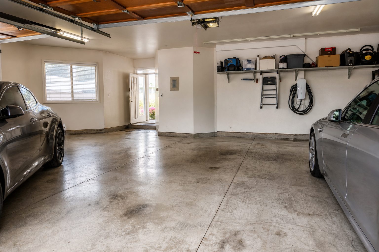 Interior view of three-car garage in Rancho Cucamonga with dual EV charging stations and parked vehicles.