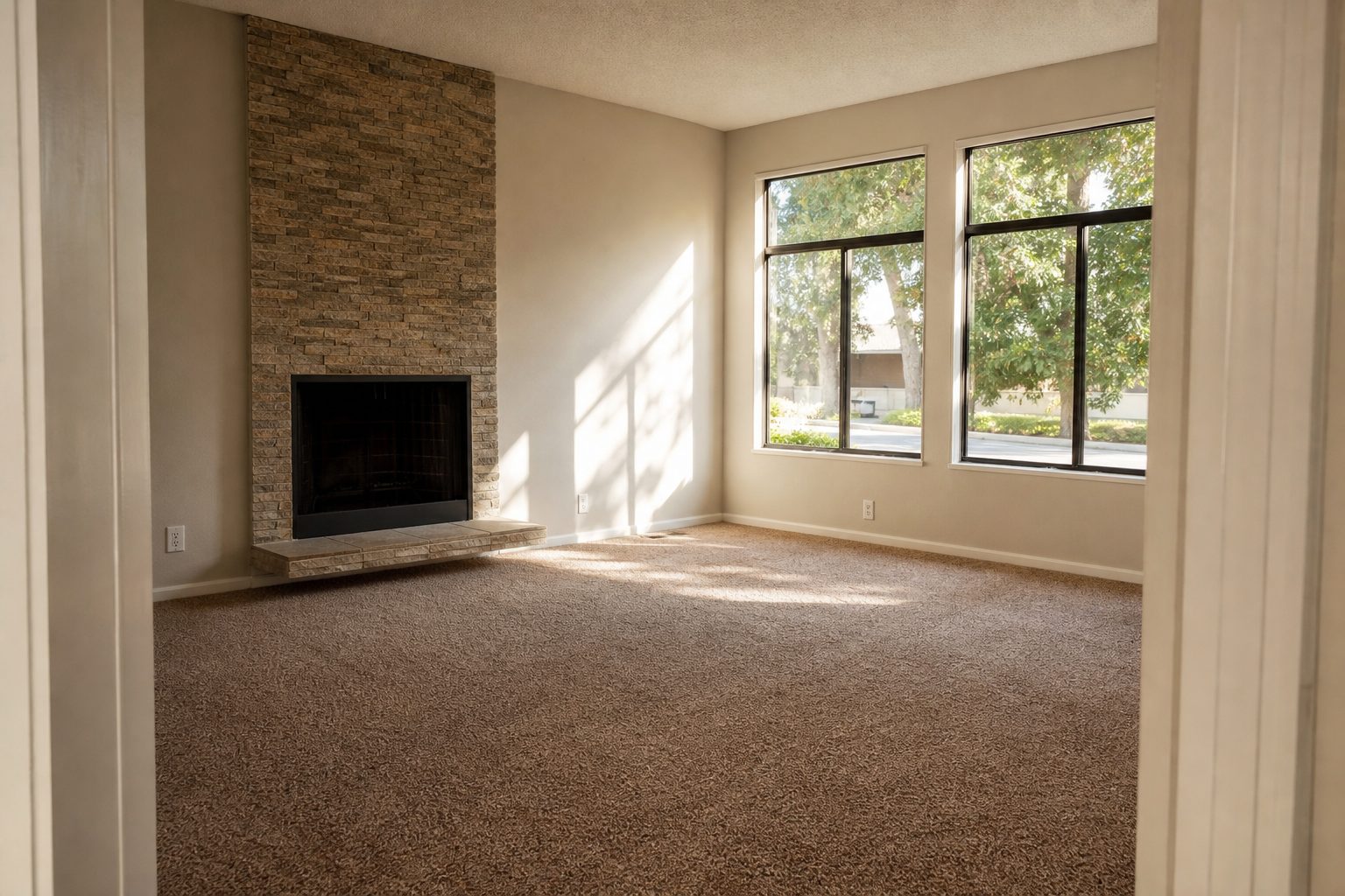 Bright living room interior with fireplace and natural window light in a Rancho Cucamonga three-bedroom home.