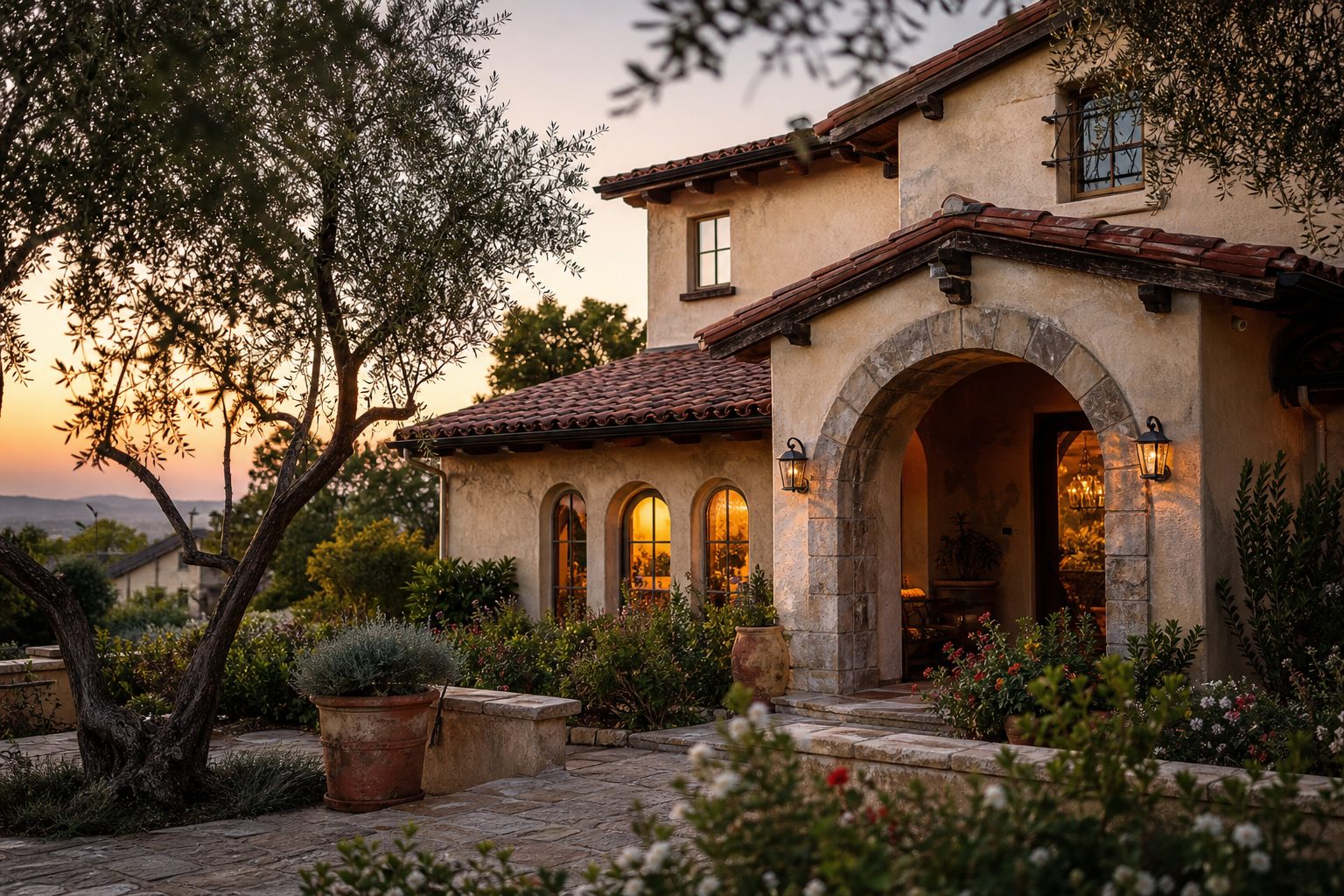 Spanish colonial revival home with arched entry, terracotta tile roof, and mature olive trees in Southwest Rancho Cucamonga's established residential