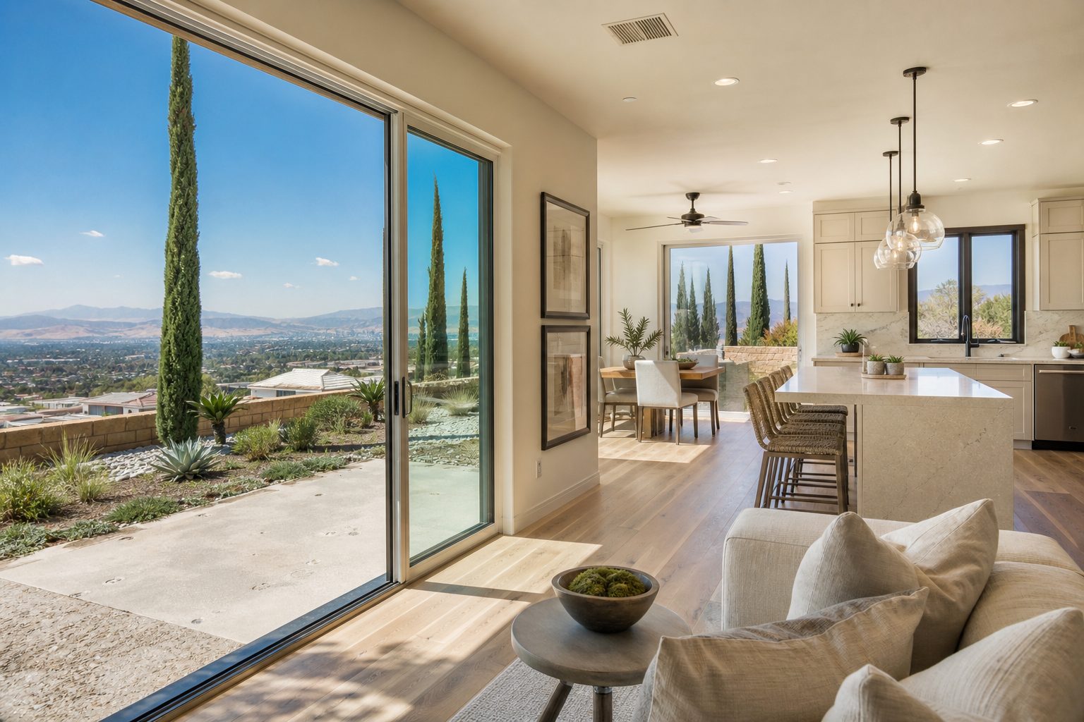 Open-concept home interior with glass doors overlooking landscaped yard and distant valley views in Rancho Cucamonga.