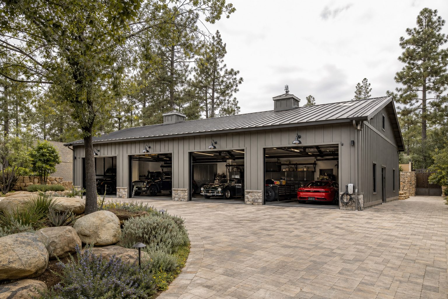 Etiwanda estate with detached four-bay garage, EV charging, and rear RV parking on half-acre lot in Rancho Cucamonga.
