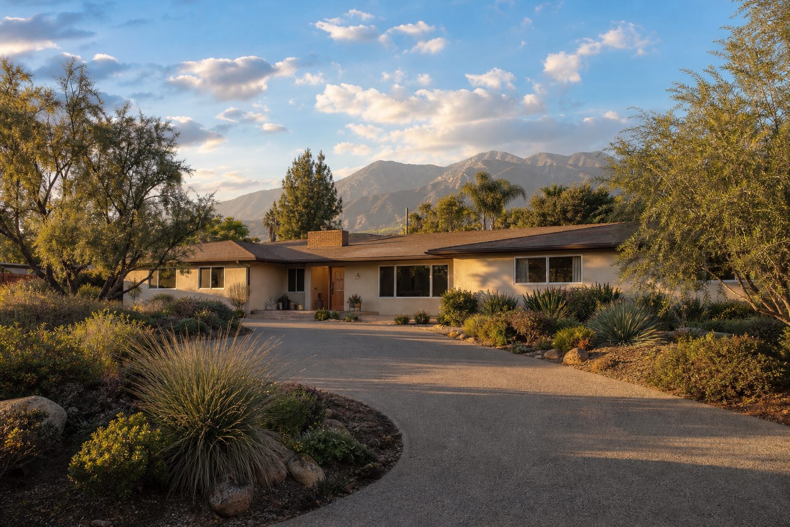 Single-story ranch home with mature pepper tree and native landscaping on foothill lot in Etiwanda, Rancho Cucamonga.
