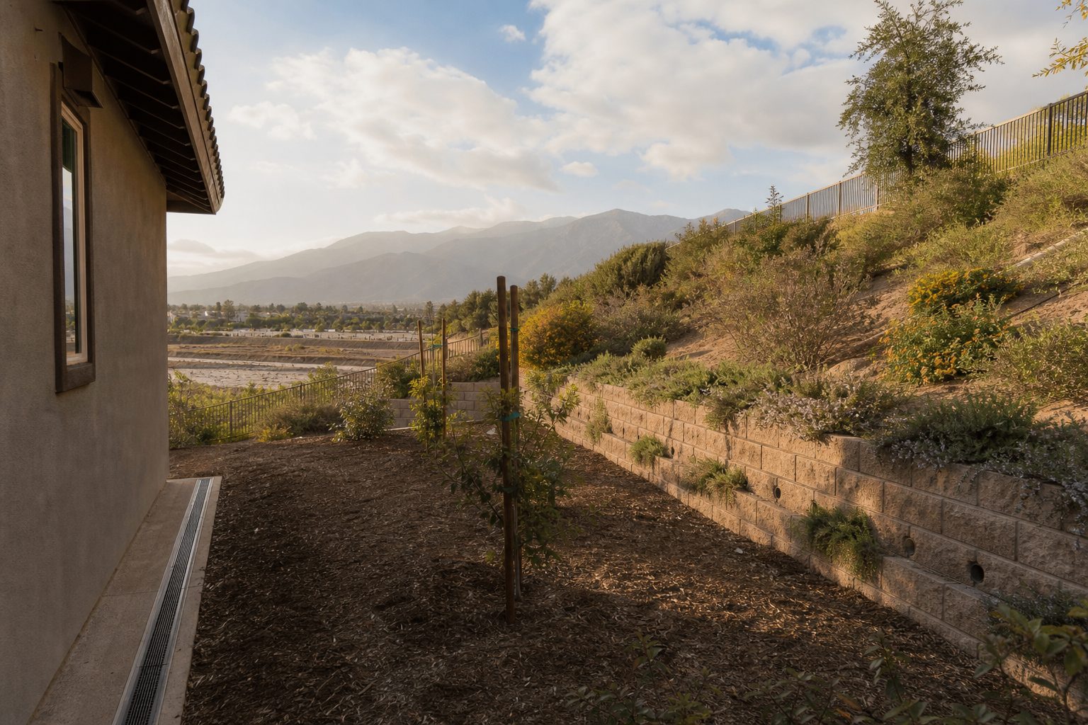 Rear yard of Rancho Cucamonga home with landscape drainage and San Gabriel Mountains visible in background distance.