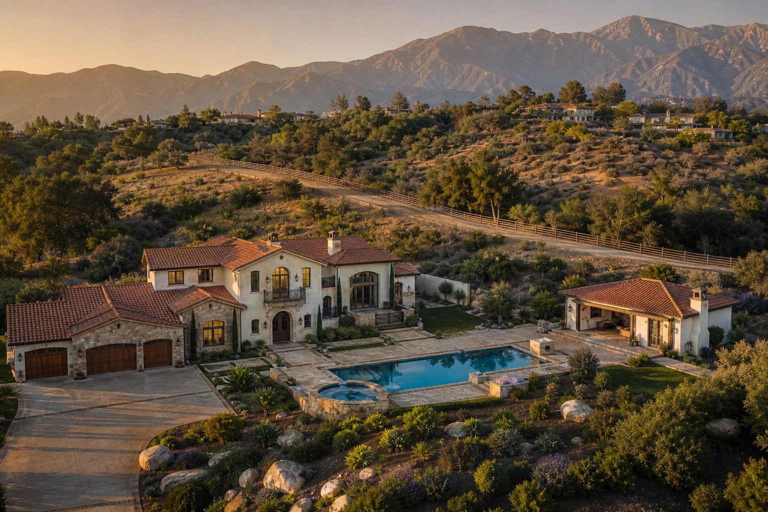 Mediterranean luxury home on half-acre Alta Loma foothill estate with pool, guest casita, mountain views, and bridle trail access.