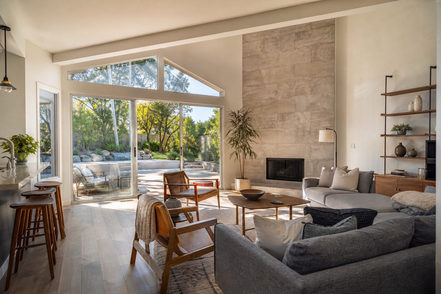 Bright contemporary family living room with vaulted ceilings, wood floors, and natural window light in established Rancho Cucamonga neighborhood.