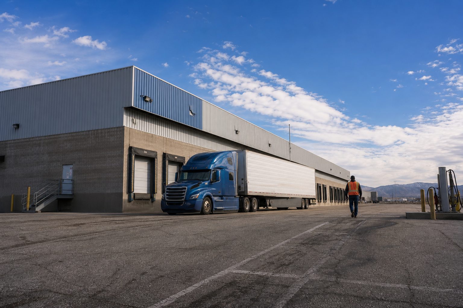 Semi-truck parked at large warehouse building in an Inland Empire logistics and distribution district.