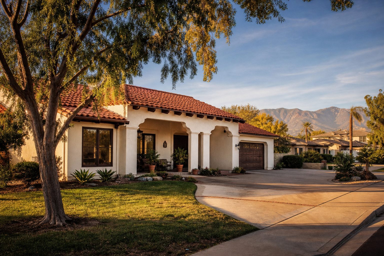 Single-story Spanish colonial home with terra-cotta tile roof in established Rancho Cucamonga neighborhood at golden hour.