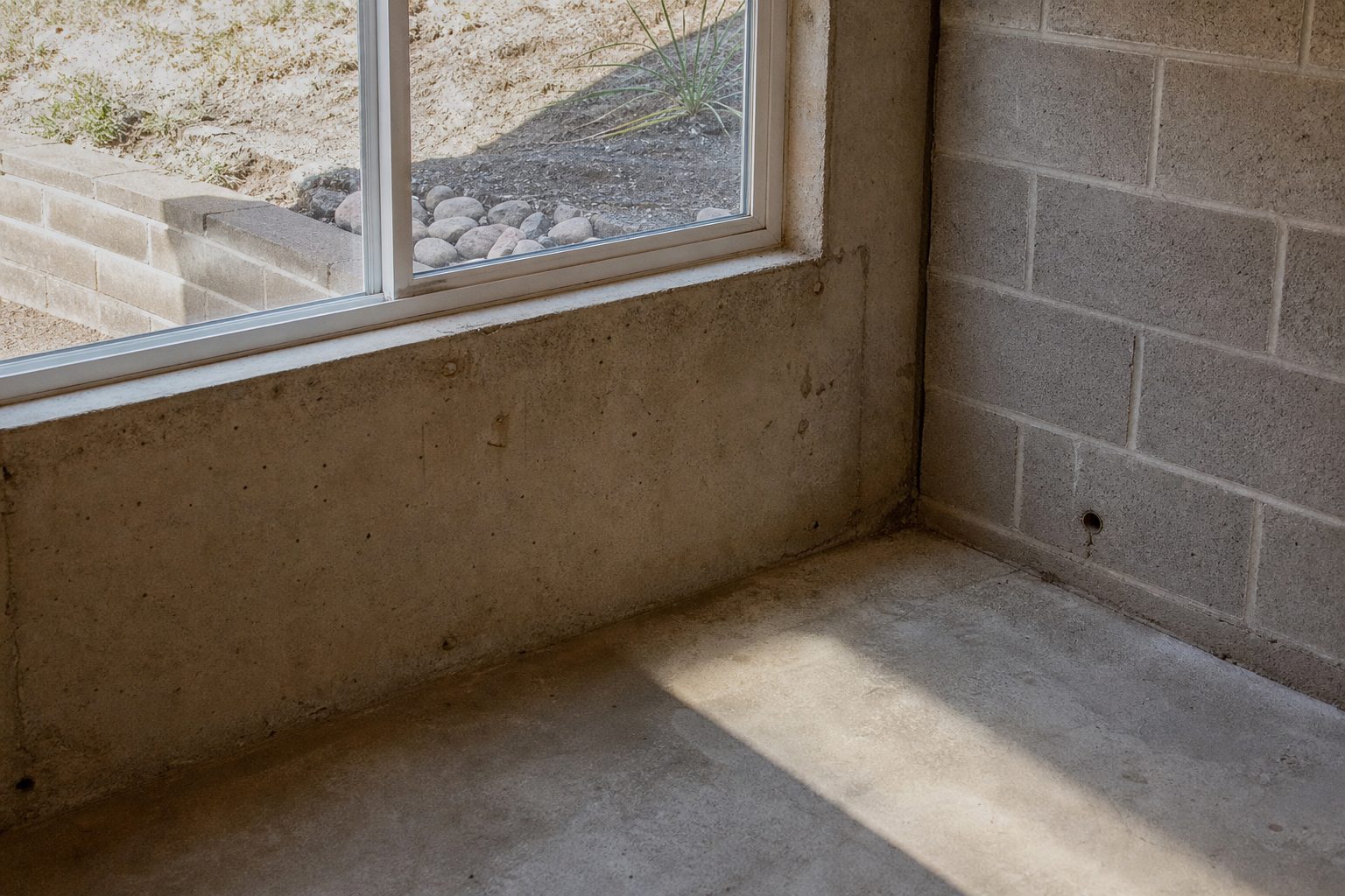 Interior basement view of home foundation and concrete slab showing proper grading and drainage in Rancho Cucamonga.