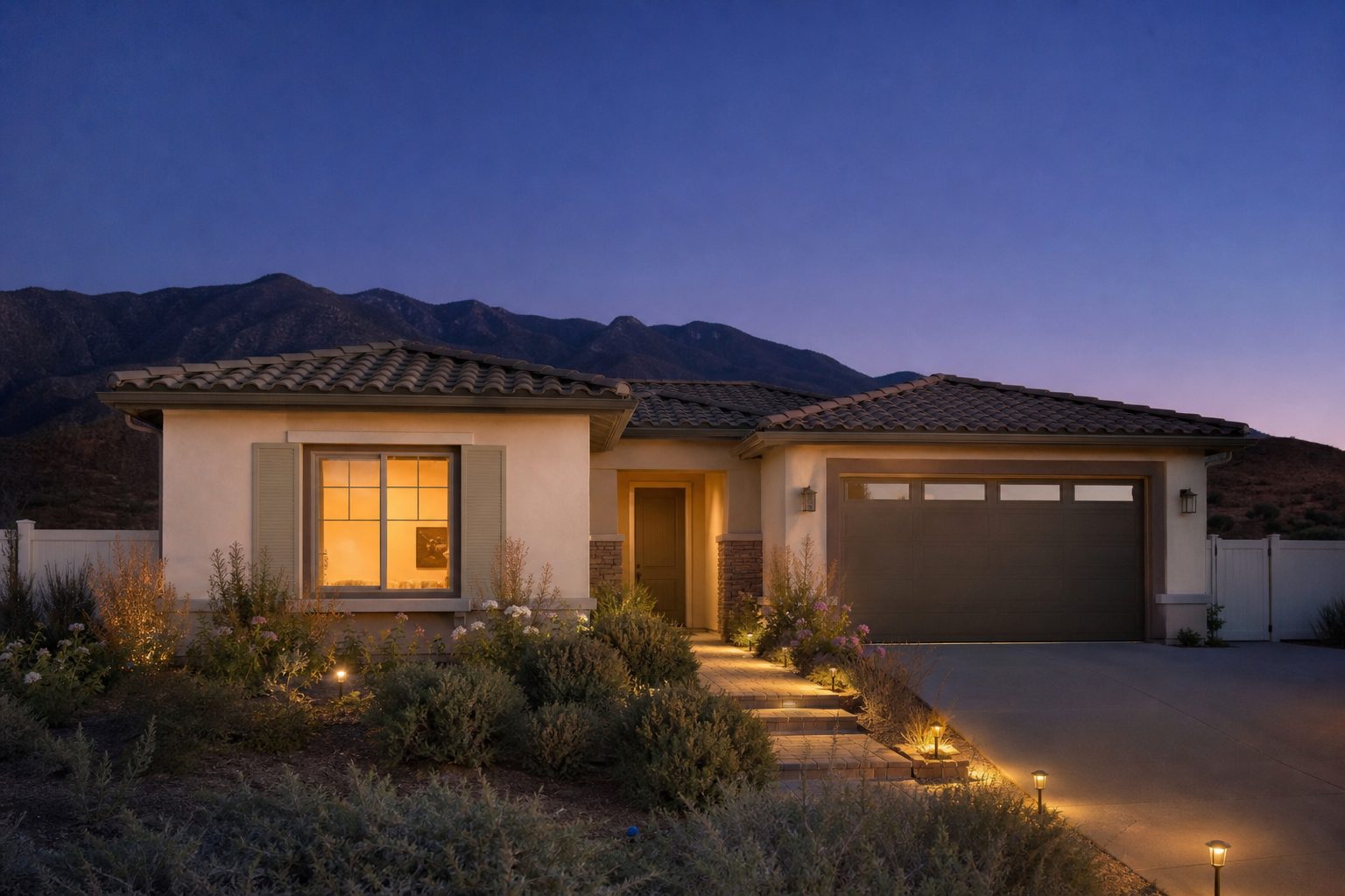 Ranch-style home in Etiwanda foothills at twilight with warm interior lighting and desert landscaping visible at dusk.