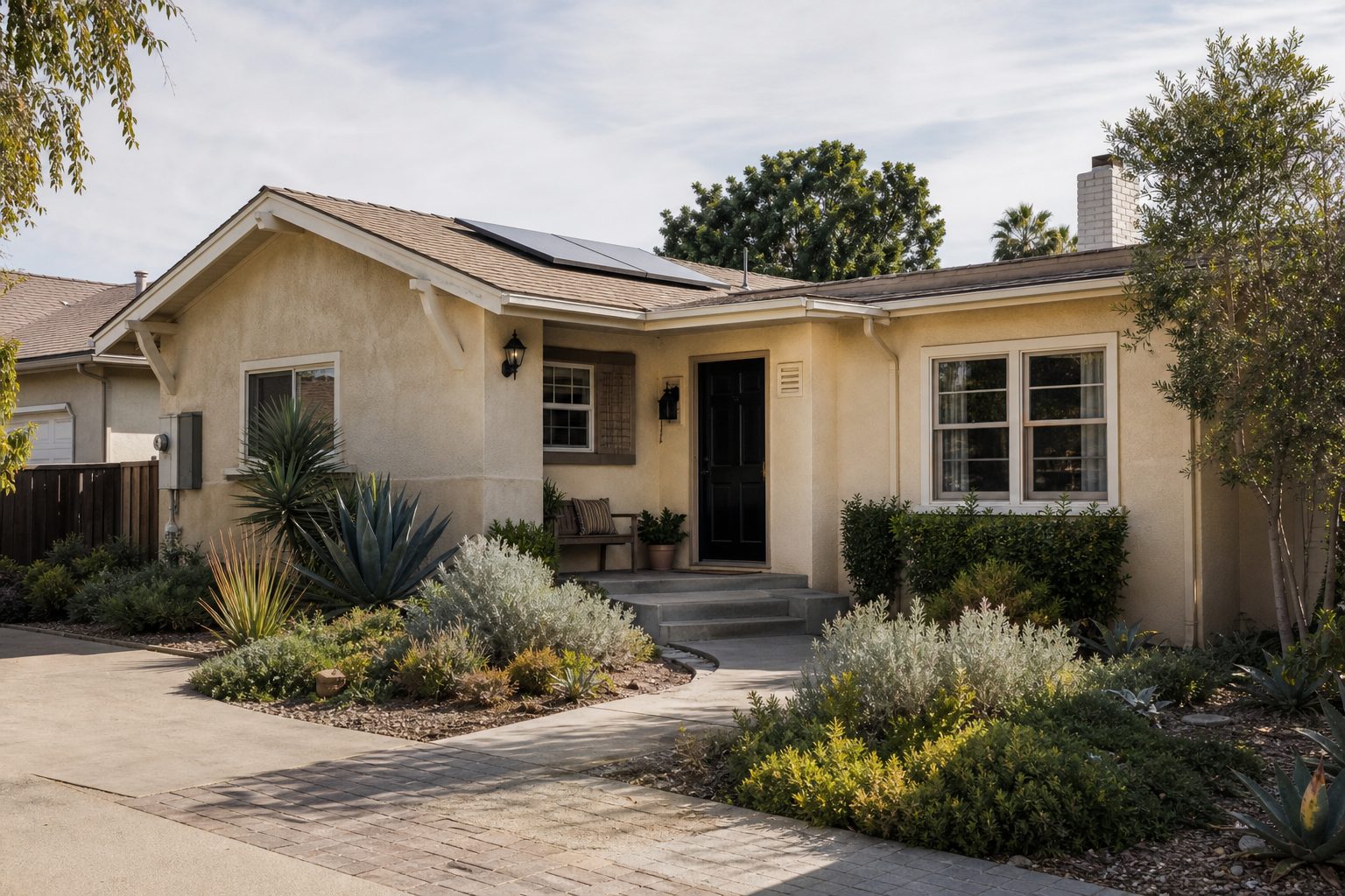 Front facade of suburban single-family home with stucco exterior, desert landscaping, and driveway in Rancho Cucamonga neighborhood.