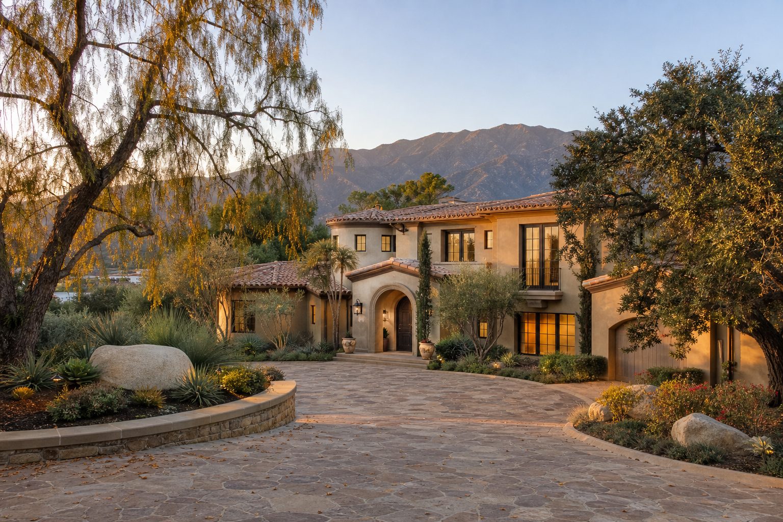 Mediterranean-style two-story home with tile roof and stone driveway in foothills of Rancho Cucamonga at golden hour.