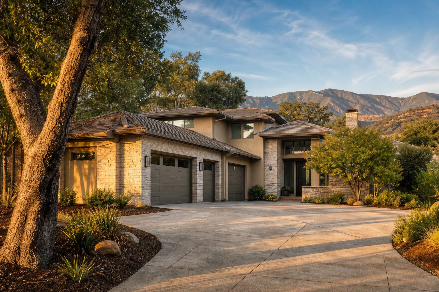Modern two-story home with mature trees and spacious driveway in Alta Loma foothills.