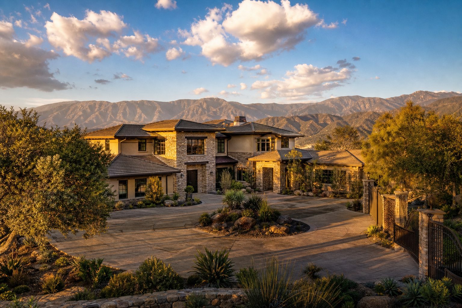 Luxury two-story estate home in Deer Creek foothills with stone exterior, mature landscaping, and mountain views toward San Gabriel Mountains.
