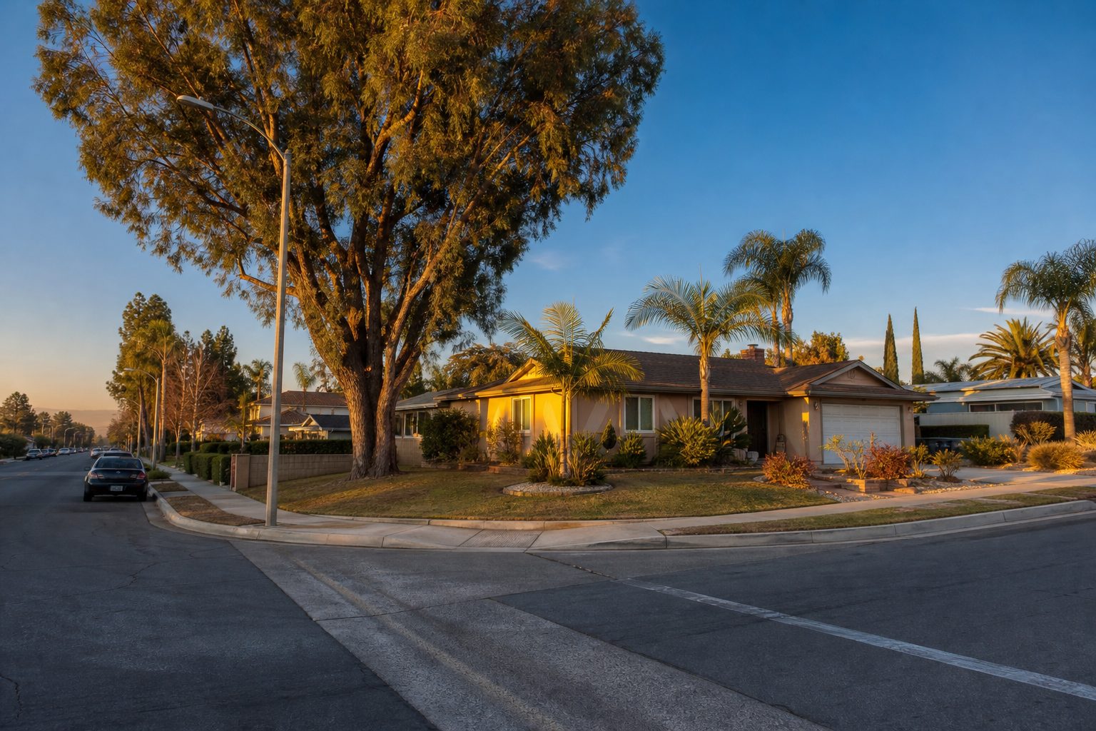 Corner residential lot in Rancho Cucamonga with mature trees, quiet street intersection, and golden hour neighborhood lighting.