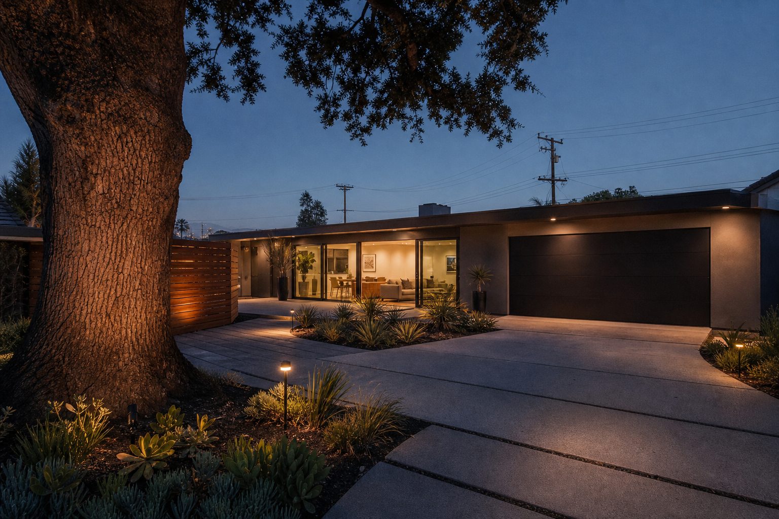 Contemporary single-story home with courtyard and interior evening glow in south Rancho Cucamonga near Victoria Gardens.