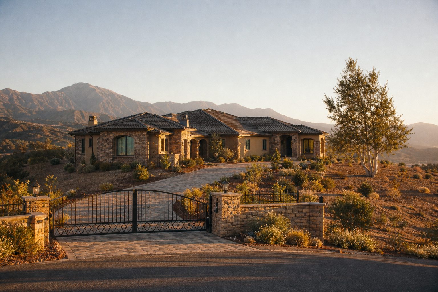 Contemporary Mediterranean home with fire-rated roof in Deer Creek foothills, cleared defensible space, mountain views, Rancho Cucamonga.
