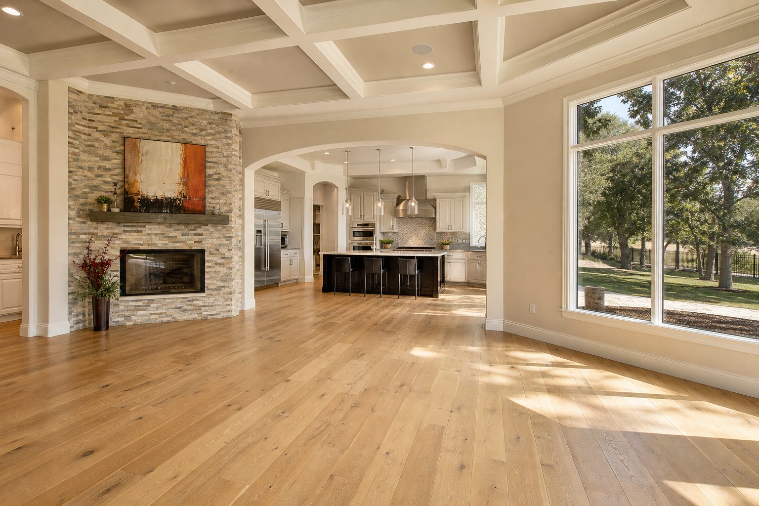 Light-filled open-concept living room with fireplace and hardwood floors, stone accents, and exterior views in Rancho Cucamonga.