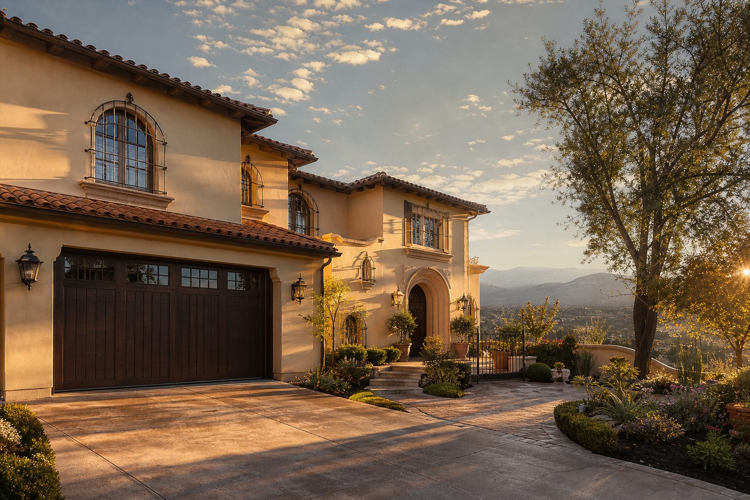Mediterranean-style two-story home in Etiwanda with mature landscaping, mountain views visible in distance at golden hour.