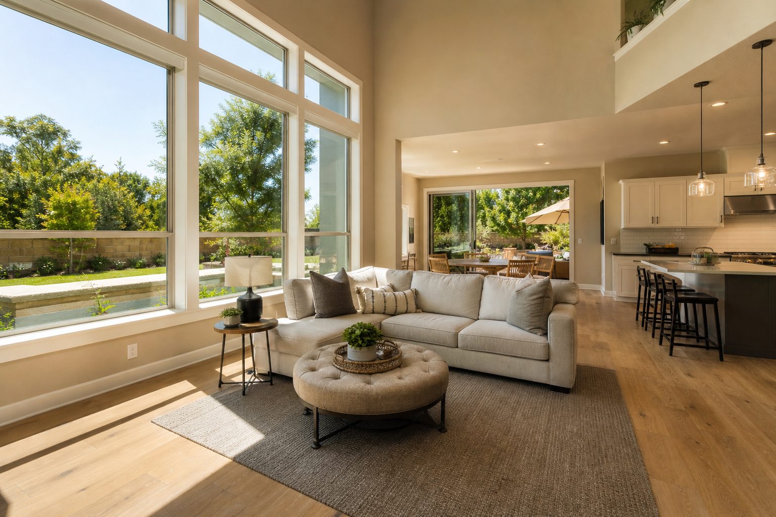 Bright open-concept interior with natural window light and view to landscaped backyard in Rancho Cucamonga contemporary home.