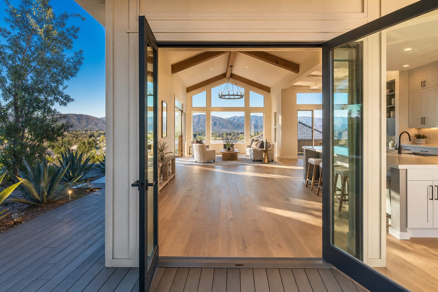 Luxury open-concept interior with mountain views through French doors, Alta Loma/Etiwanda Estates home, Rancho Cucamonga.