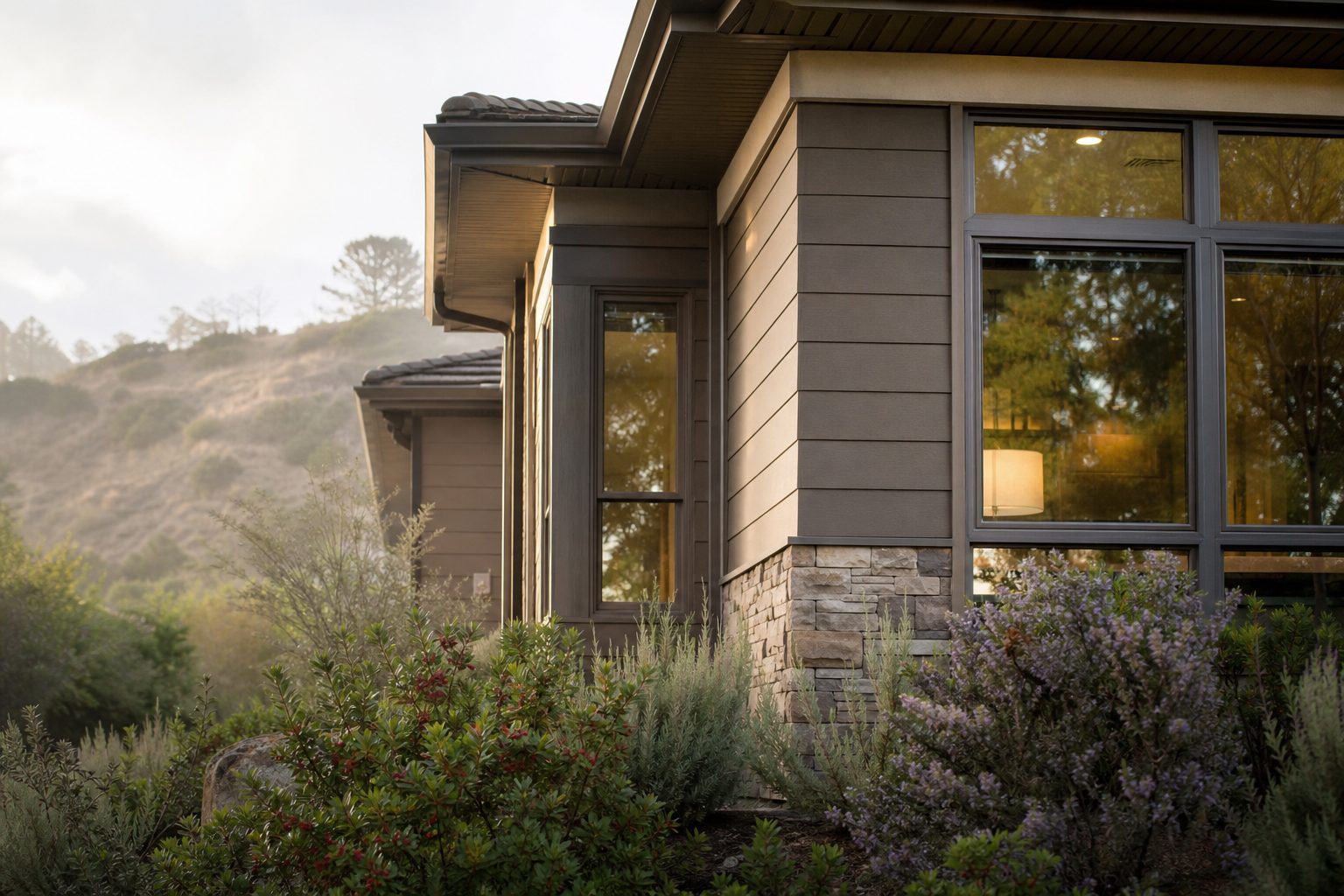 Fire-hardened architectural details including ember-resistant vents and dual-pane windows on Hermosa neighborhood home, Rancho Cucamonga foothills.