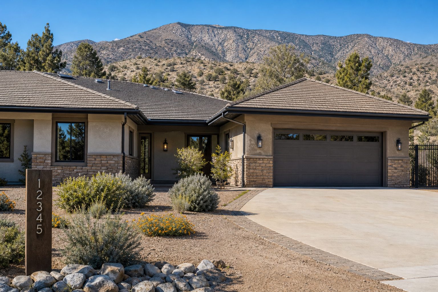 Etiwanda foothill home with fire-hardened features including clear gutters, screened vents, and metal fencing in defensible space.