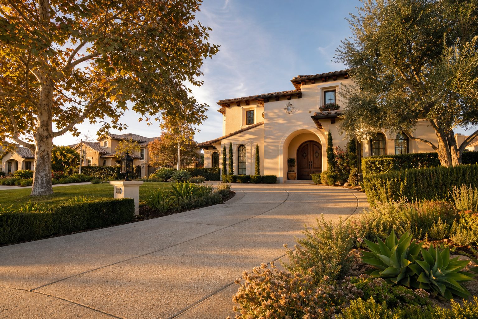 Two-story Mediterranean stucco home with terracotta tile roof and mature oak trees in Deer Creek, Rancho Cucamonga.
