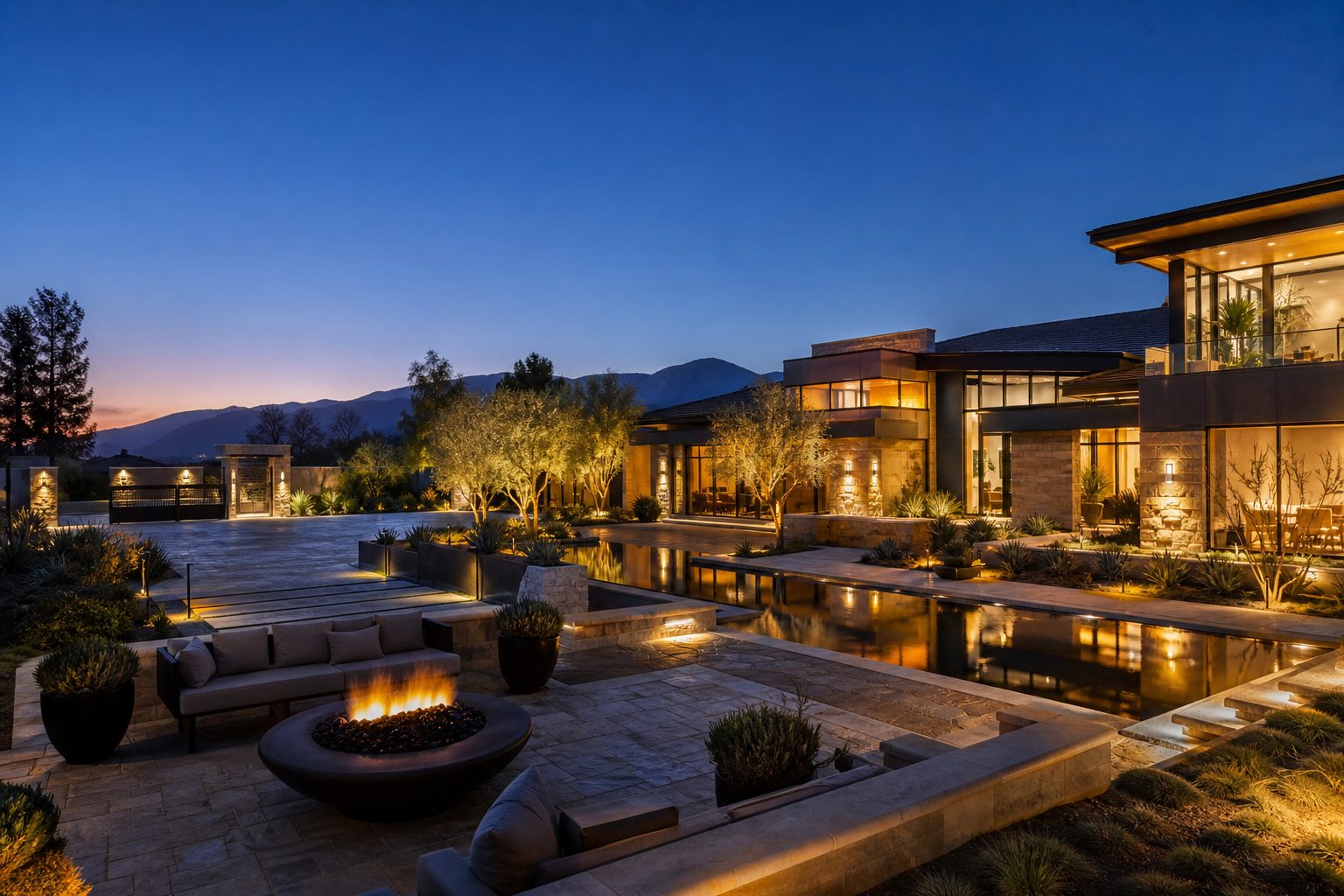 Modern luxury gated estate in Haven View Estates, Alta Loma, with courtyard, fire pit, RV parking, and San Gabriel Mountain views at twilight.